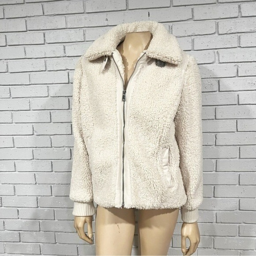 Banana Republic Cream Faux Shearling Teddy Bomber Jacket Gorpcore Cozy M - Picture 10 of 11
